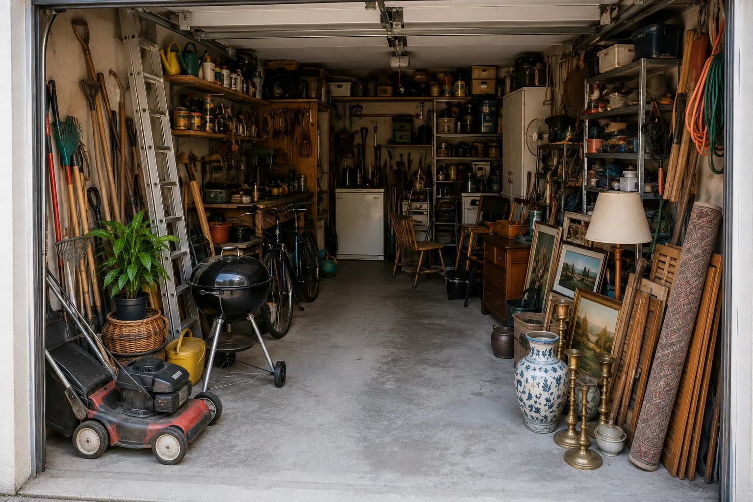 Garage mit Werkzeug, Möbeln und gelagerten Gegenständen