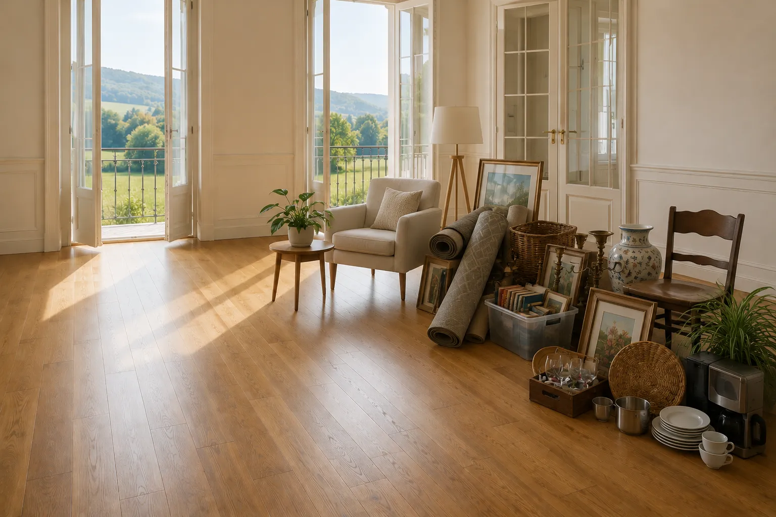 Wohnzimmer mit Möbeln und Hausrat vor einer Wohnungsräumung